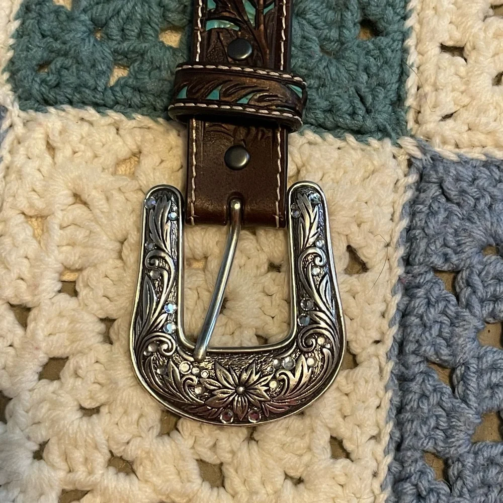 Ariat Children's Western Floral Belt Brown & Turquoise Tooled Overlay S/M 20
